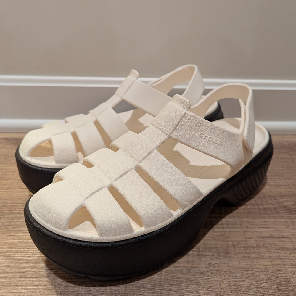 CROCS Cream Fisherman Platform Sandals with Black Sole